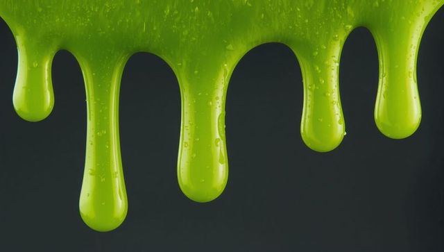 Lime green viscous liquid draping down with glossy droplets detail