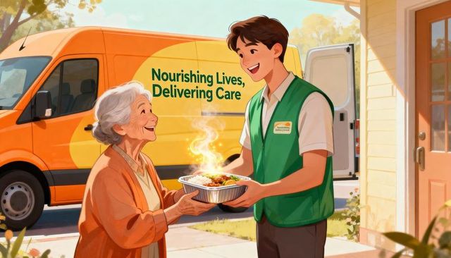 Delivery worker handing hot meal to elderly woman on porch, smiling compassionate service
