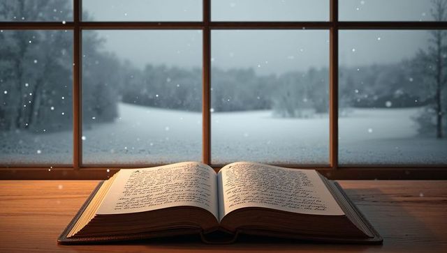 Cozy open book on wooden table by frosted window with falling snow and warm candlelight