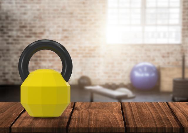 Digital composition of kettlebell on wooden plank against gym in background