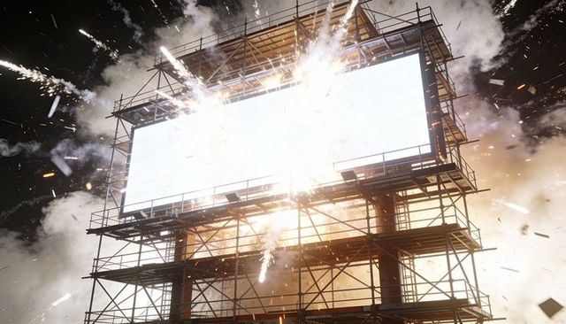 Exploding LED Billboard on Scaffolding with Nighttime Pyrotechnics and Flying Sparks