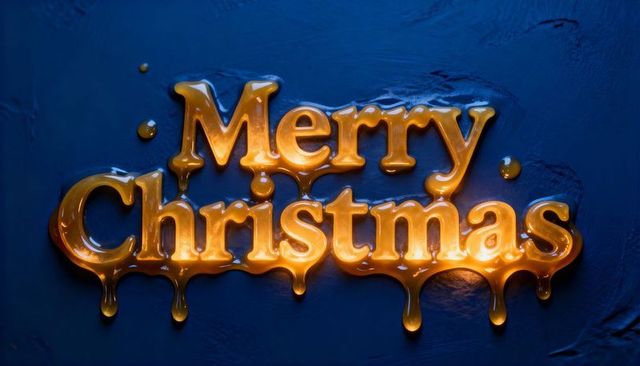 Molten golden merry christmas 3d dripping lettering on deep blue glossy backdrop