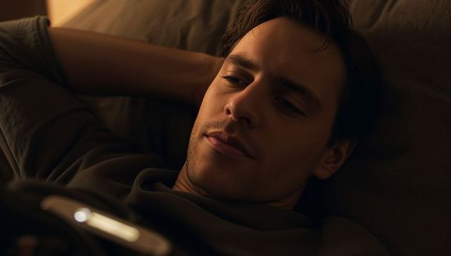 Intimate moody portrait young man resting on bed warm amber evening light