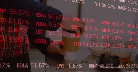 Businessman Stirring Coffee with Digital Stock Market Overlay