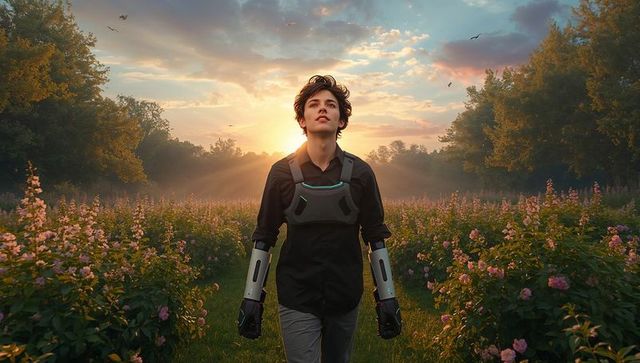 Teenage boy with futuristic exosuit surrounded by pink blossoms at sunset
