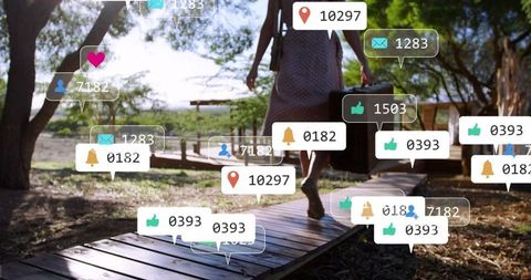 Woman on Resort Boardwalk Surrounded by Social Icons