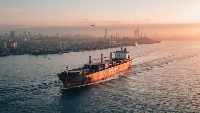 Container ship heading through harbor at sunrise with cranes, stacked containers and gulls