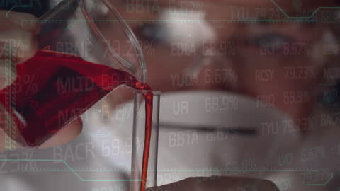 Scientist Analyzing Red Liquid with Data Interface Overlay