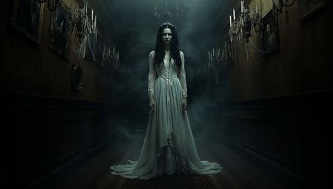 Ghostly woman in elegant hallway setting in vintage gothic gown