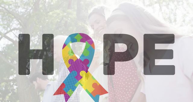 Colorful autism awareness ribbon inside the word 'HOPE' with a group of people blurred in background. Suitable for autism awareness campaigns, support groups, community events, and inclusivity projects.
