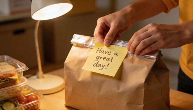 Hands sealing brown paper lunch bag with note saying have great day for meal prep, takeout