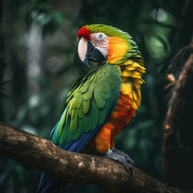 Vividly colored macaw sitting on tree branch in dense tropical forest, showcasing emerald green, ruby red, and cobalt blue feathers. Ideal for wildlife documentaries, nature magazines, ornithology studies, and eco-tourism advertisements with themes focusing on wildlife preservation and tropical environments.