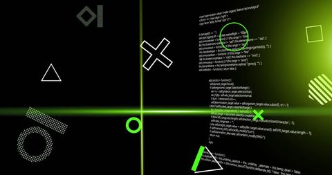 Digital data processing with green laser lights and geometric shapes
