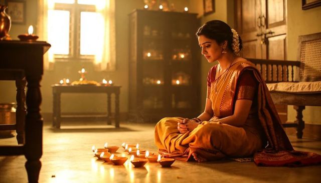 Indian woman lighting diyas wearing mustard saree and maroon blouse warm traditional ritual