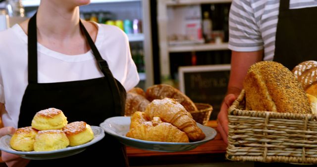 Millennial bakers presenting fresh bread, croissants, and pastries in a modern bakery. Great for using in articles about baking, bakery business, food photography, culinary arts, small business promotion, and restaurant advertising.