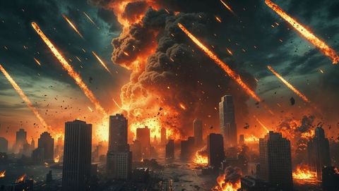 Apocalyptic meteor shower over burning cityscape