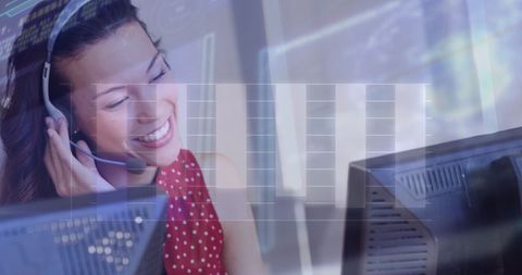 Smiling Businesswoman in Call Center Environment with Financial Data Overlay