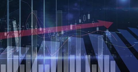 Financial Growth Chart Overlay on Urban Cityscape at Night