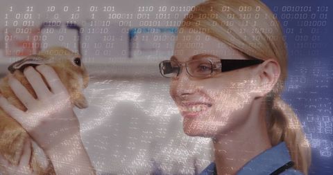 Veterinarian caring for rabbit with digital overlay concept