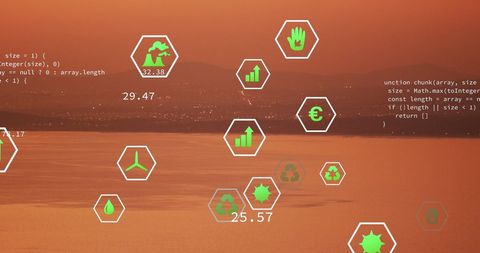 Digital Sustainability Icons Over Scenic Landscape - Download Free Stock Images Pikwizard.com
