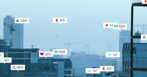 Social media interaction icons amid urban skyline