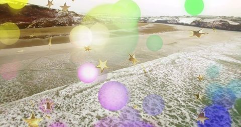 Aerial beach crashing waves with pastel bokeh and floating gold stars for dreamy seascape