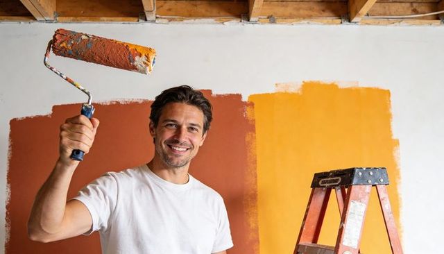 Smiling man painting interior wall with roller during home renovation and color testing