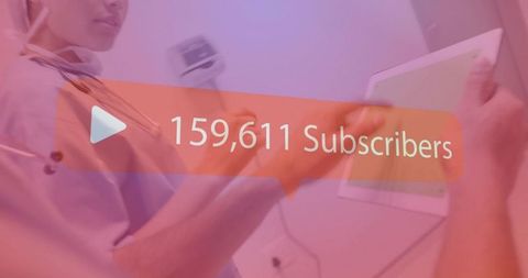 Medical team reviewing tablet with subscriber count overlay, clinical collaboration pink