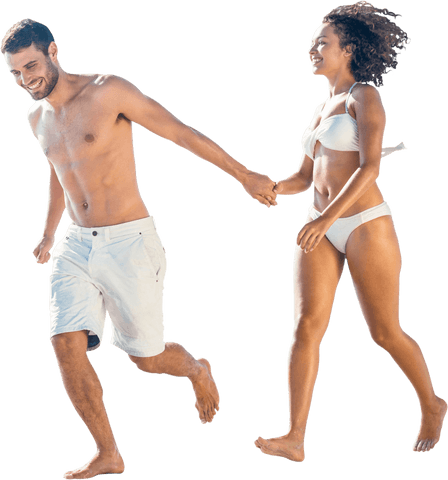 Joyful Caucasian Couple Holding Hands in Swimsuits Transparent Background