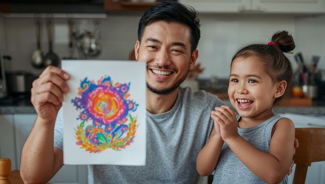 Father and daughter sharing joy holding colorful handmade painting at kitchen table