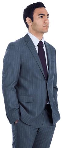 Man in pinstripe suit appearing thoughtful with hands in pockets. Useful for business presentations, HR materials, diversity themes, and formal event promotions.