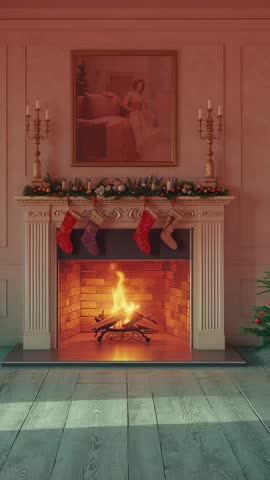 Flickering Fireplace Flame Casting Warm Glow over Decorated Mantel with Holiday Stockings