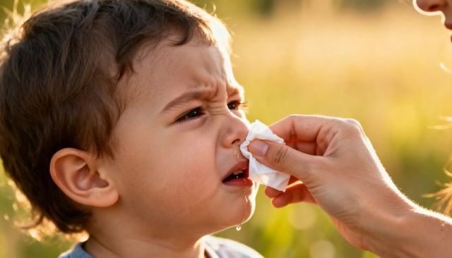 Toddler having runny nose wiped by caregiver in sunlit meadow, tender parenting moment