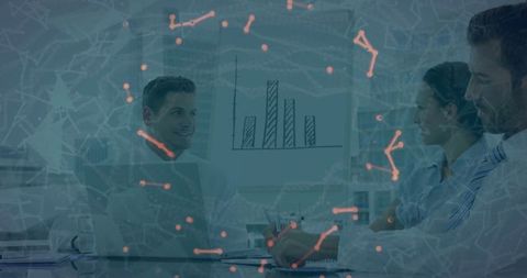 Team Analyzing Bar Chart with Digital Network Overlay
