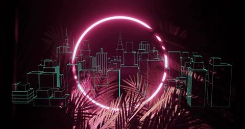 Magenta Neon Ring Projecting Futuristic Wireframe Skyscraper City with Palm Silhouettes