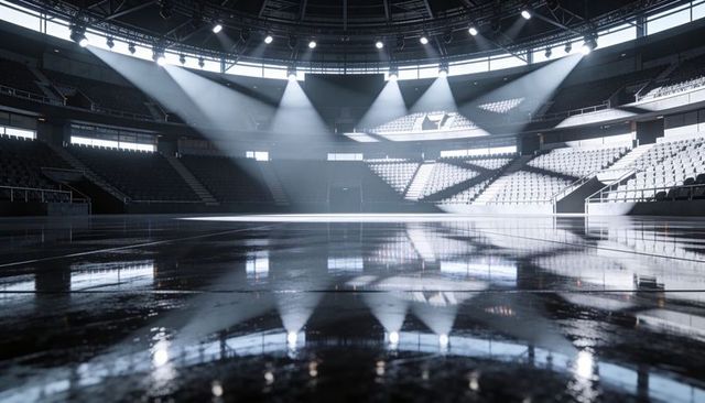 Converging spotlights on polished arena floor reflecting multilevel empty stadium interior