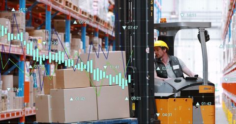 Warehouse Worker Using Forklift with Stock Market Overlay