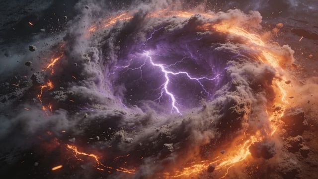 Spiraling colossal space vortex emitting purple lightning and molten lava ring