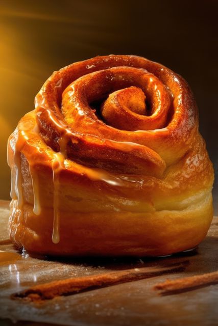 Close-up of a freshly baked cinnamon roll, drizzled with caramel-colored icing, capturing its golden-brown and flaky texture. Ideal for use in advertising bakery products, food blogs, recipe cards, or social media posts showcasing delicious baked goods.