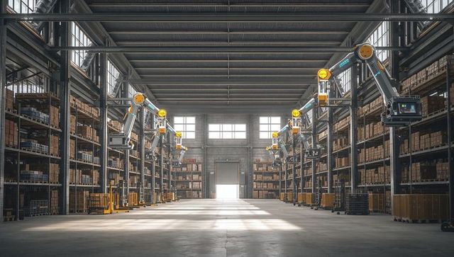 Automated warehouse interior with robotic picking arms along central aisle for logistics