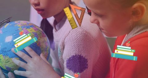 Curious Schoolchildren Exploring Globe with Digital Book Graphics - Download Free Stock Images Pikwizard.com