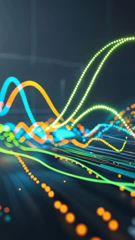 Vertical video visualizing pulsing neon waveforms rising over digital data grid