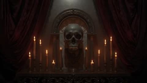 Gothic Altar with Skull and Flickering Candlelight, Symbolic Ritual