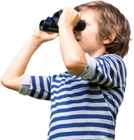 Curious young boy with binoculars against transparent background