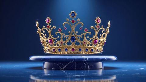 Elegant golden crown with gemstones on marble pedestal