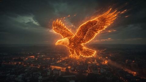Fiery Eagle Soaring over Cityscape at Dusk