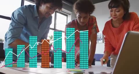 Young team collaborating over table while analyzing rising charts and planning strategy