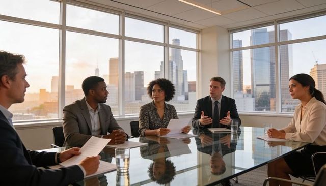 Executive team discussing strategy around glass conference table with city skyline at sunset