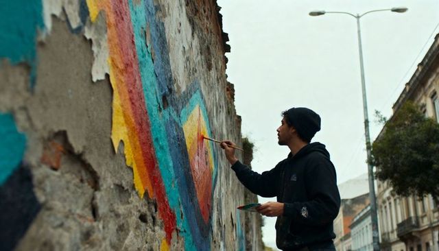 Urban artist painting vibrant geometric mural with brush on weathered wall, street art
