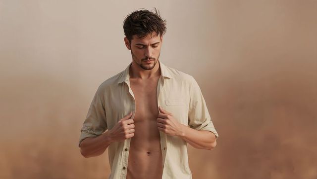 Male Model Revealing Bare Torso Wearing Beige Button-Down Shirt, Fashion Portrait